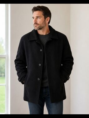 Men's Black Wool Blend Button-Front Jacket